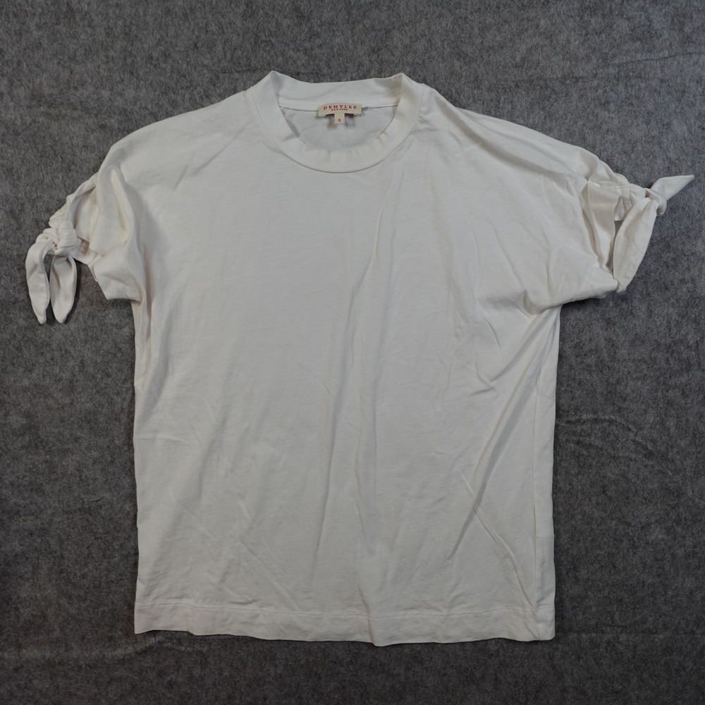 Demylee New York Top Womens Small Tee White Short Sleeve Tie Cuff‎ T Shirt Crew